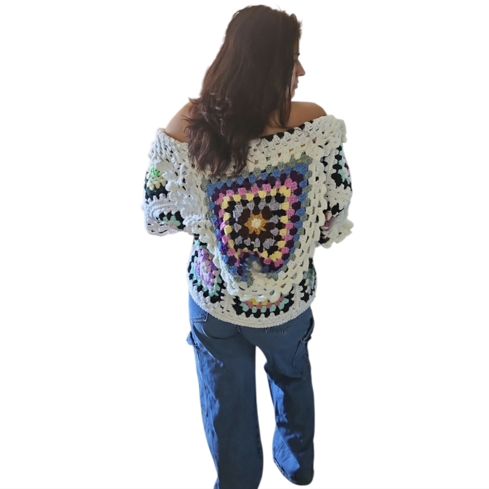 Hand Crafted Crochet Granny Square Cardigan open front Hooded Colorfull Sweater